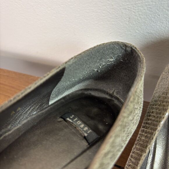 VTG Stuart Weitzman Pumps Sz 8 AA Extra Narrow Beige Gray Square Toe Chunky Heel - Picture 2 of 12